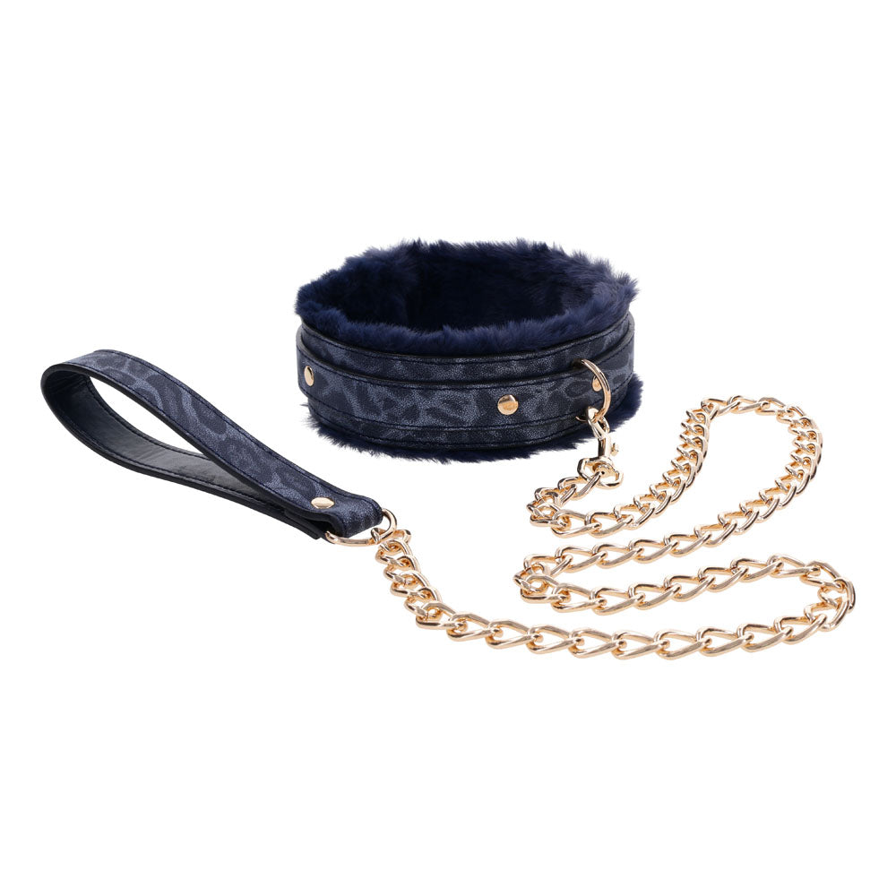 Sex & Mischief Cougar Fur Collar & Leash - Navy Blue/Gold