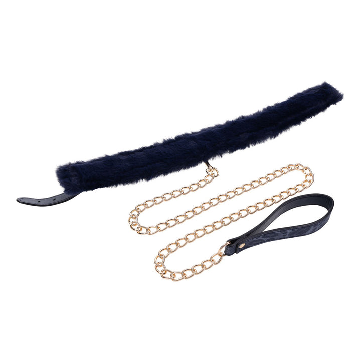 Sex & Mischief Cougar Fur Collar & Leash - Navy Blue/Gold