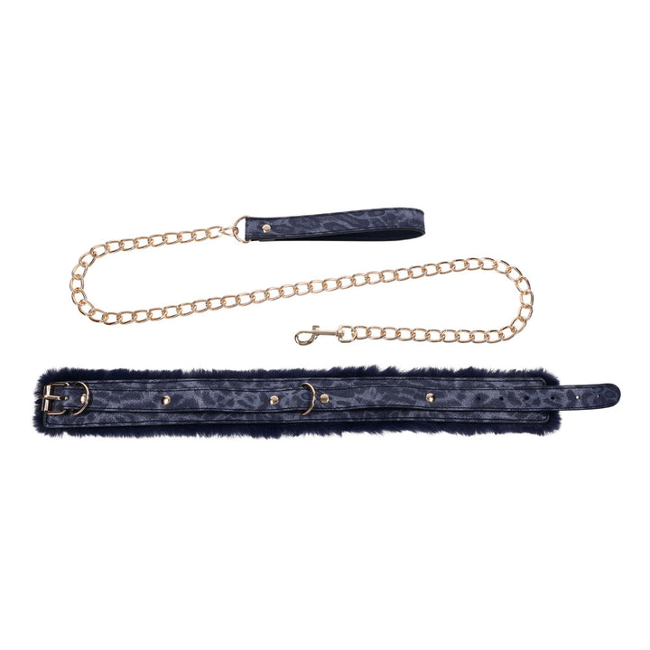 Sex & Mischief Cougar Fur Collar & Leash - Navy Blue/Gold