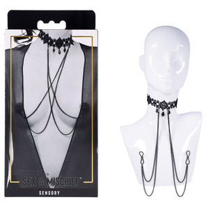 Sex & Mischief Lace Collar with Nipple Ties - Black