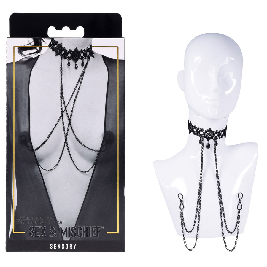 Sex & Mischief Lace Collar with Nipple Ties - Black