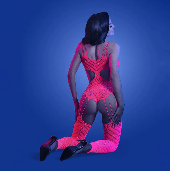 Glow Warelength Cut-Out Rhinestone Teddy Bodystocking - Dark Pink - OS
