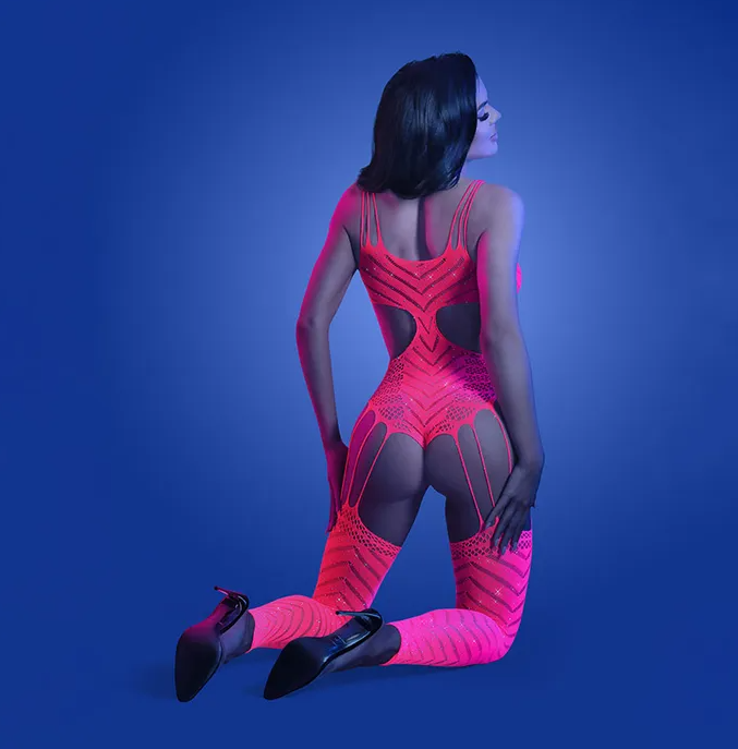 Glow Warelength Cut-Out Rhinestone Teddy Bodystocking - Dark Pink