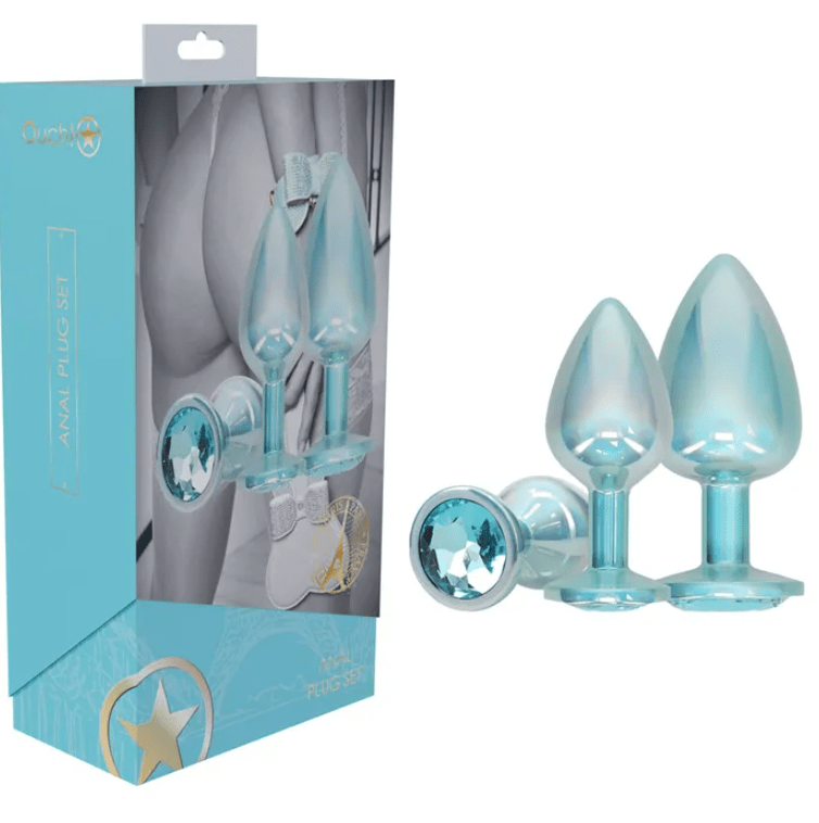 Ouch! Paris Collection - Metal Anal Plug Set with Gem Base - Metallic Blue