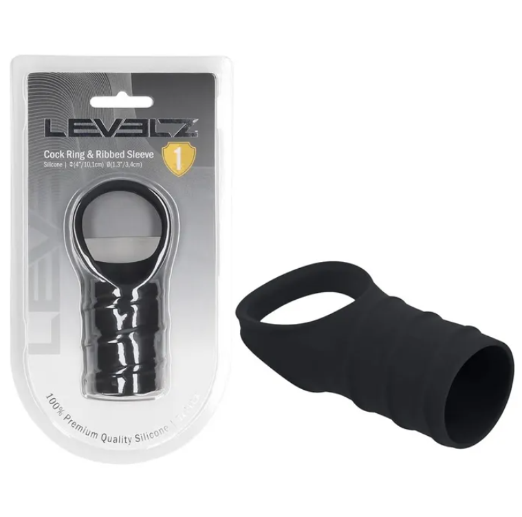 LEVELZ Silicone Cock Ring with Ribbed Sleeve - Black