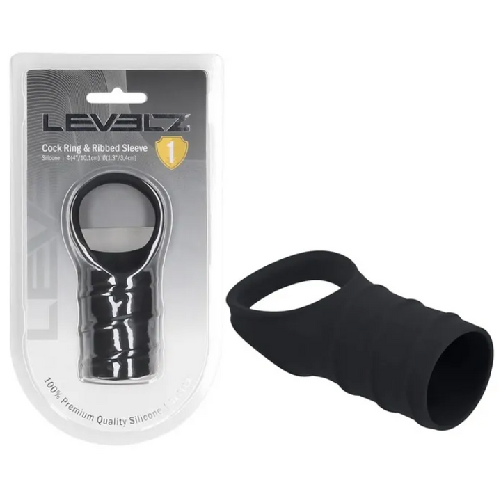 LEVELZ Silicone Cock Ring with Ribbed Sleeve - Black