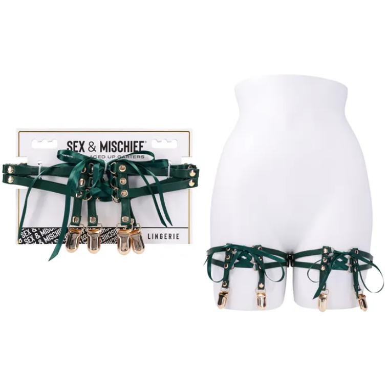 Sex & Mischief Indica Laced Up Garters - Green/Gold