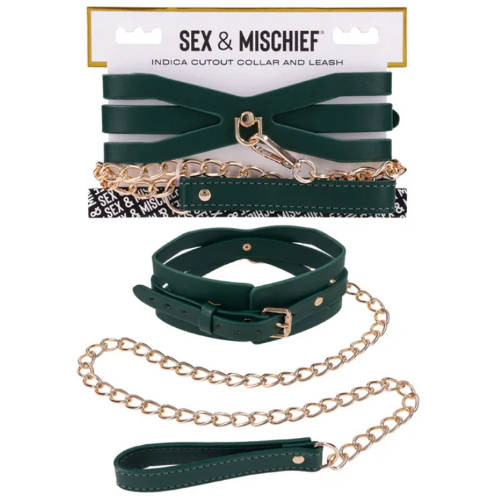 Sex & Mischief Indica Cutout Collar and Leash - Green/Gold