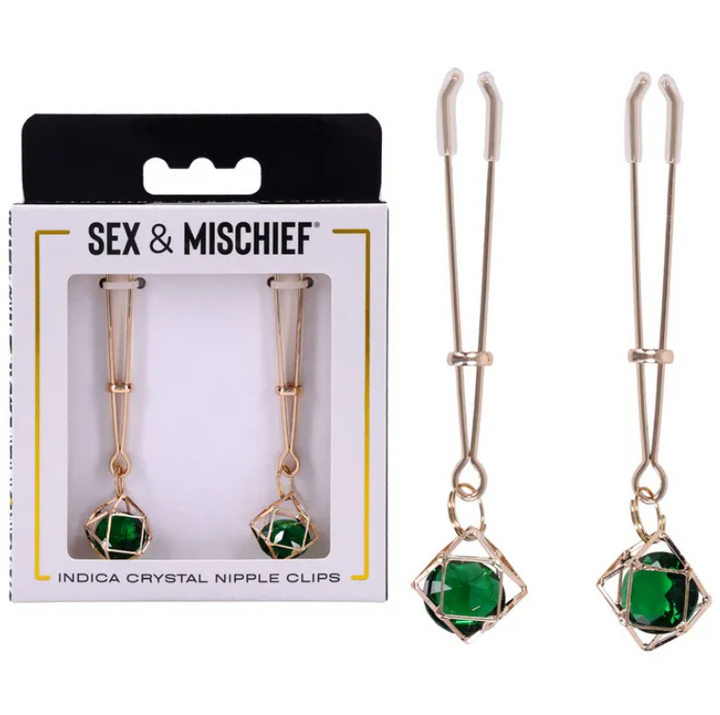 Sex & Mischief Indica Crystal Nipple Clips - Gold/Emerald
