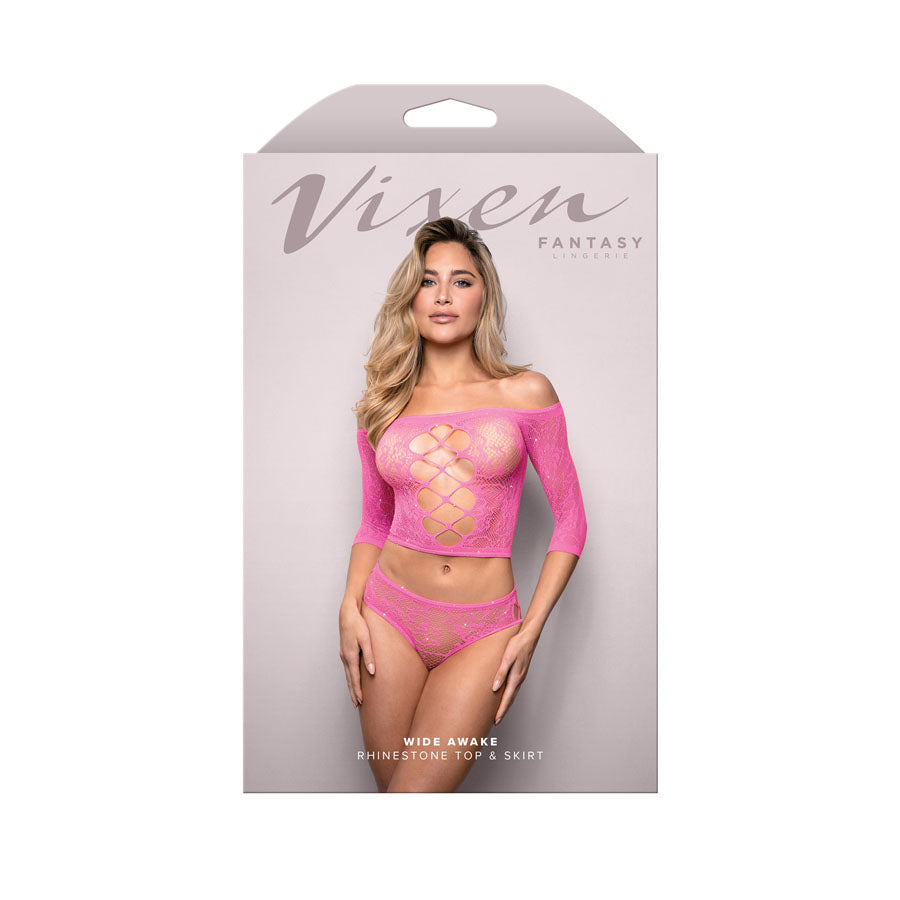 Vixen Wide Awake - Rhinestone Lace Knit Off Shoulder Top & Panty - Pink - OS