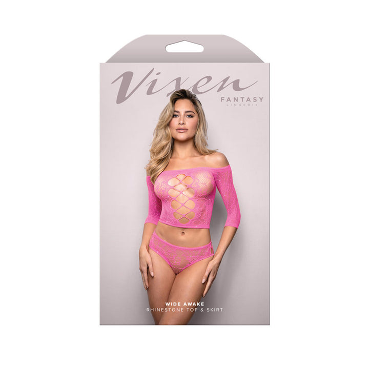 Vixen Wide Awake - Rhinestone Lace Knit Off Shoulder Top & Panty - Pink - OS