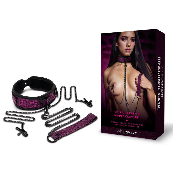 WhipSmart Dragons Lair Collar, Leash & Nipple Clips Set - Purple/Black