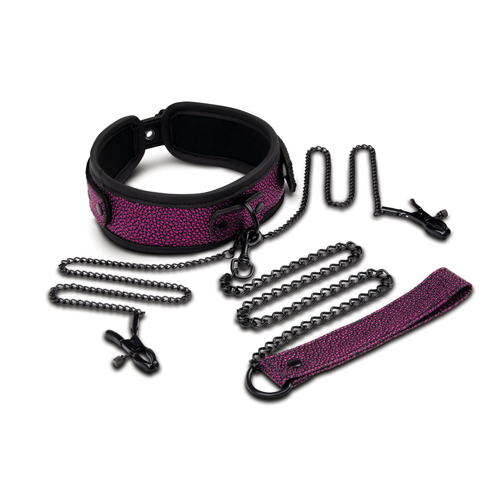Whipsmart Dragons Lair Collar, Leash & Nipple Clips Set - Purple/Black