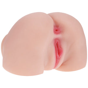 A realistic silicone adult novelty toy with a flesh-toned beige body and pink internal details, shown against a plain white background.