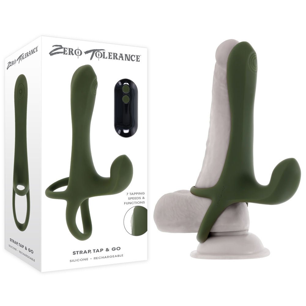 Zero Tolerance Strap, Tap & Go Vibrating Penis Sleeve with Remote - Green
