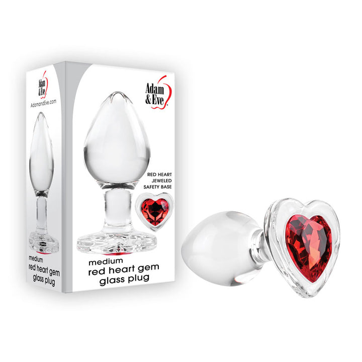Adam & Eve Red Heart Gem Medium Glass Butt Plug - Clear