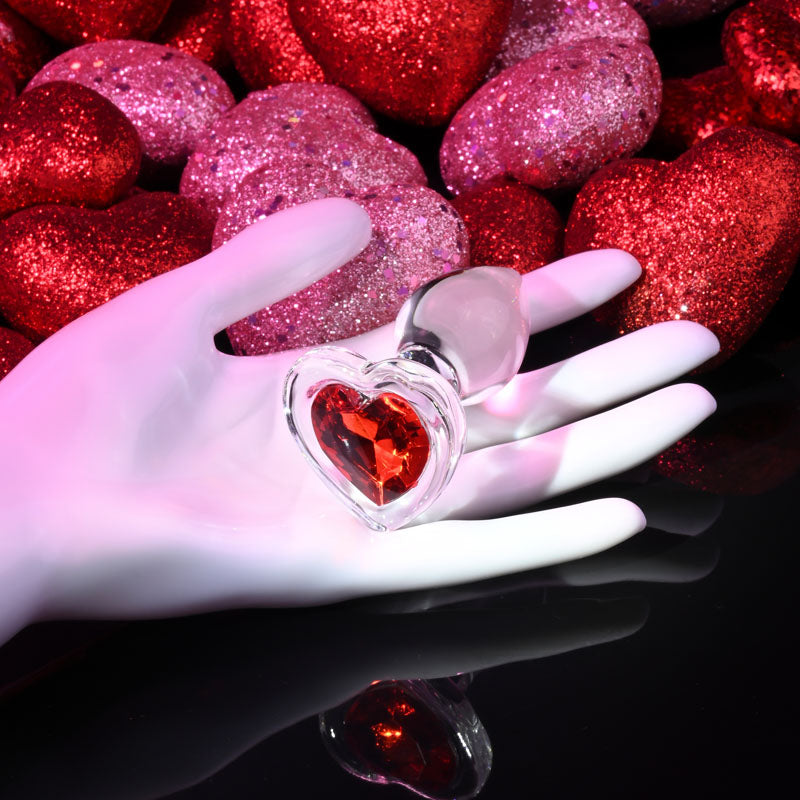 Adam & Eve Red Heart Gem Small Glass Butt Plug - Clear