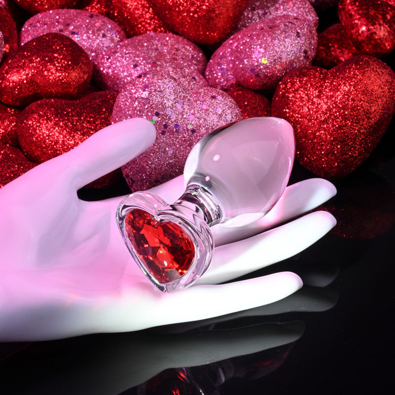 Adam & Eve Red Heart Gem Large Glass Butt Plug - Clear