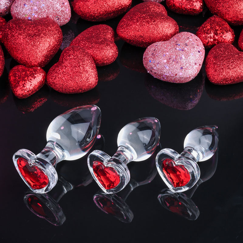 Adam & Eve Red Heart Gem Glass Plug Set - Set of 3 Sizes