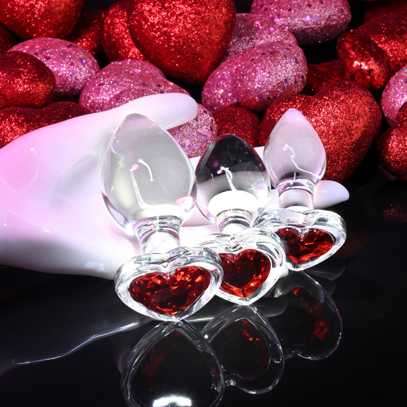 Adam & Eve Red Heart Gem Glass Plug Set - Set of 3 Sizes
