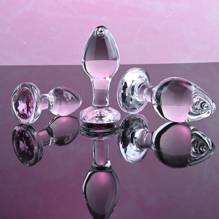 Adam & Eve Pink Gem Glass Plug Set - Set of 3 Sizes