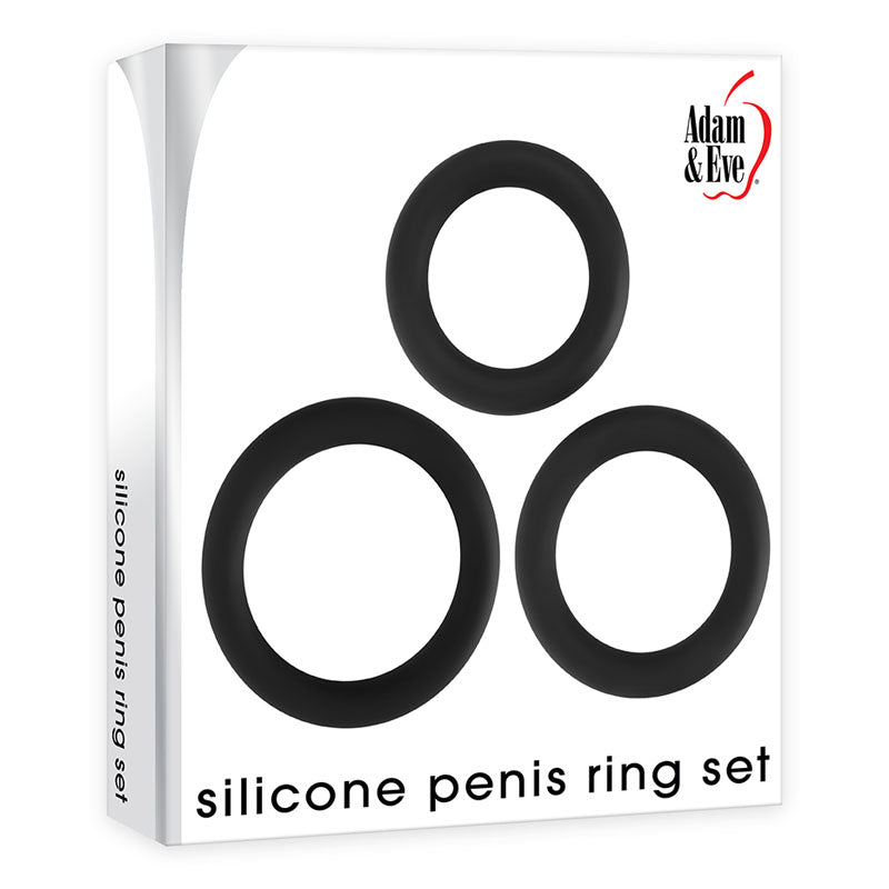 Adam & Eve Silicone Penis Cock Ring Set - 3 Sizes - Black