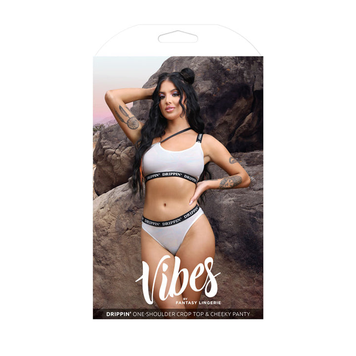 Vibes Drippin' One-Shoulder Crop Top & Cheeky Panty - White - M/L