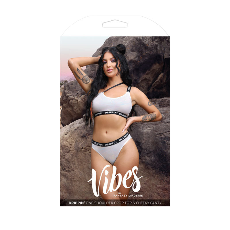Vibes Drippin' One-Shoulder Crop Top & Cheeky Panty - White - S/M
