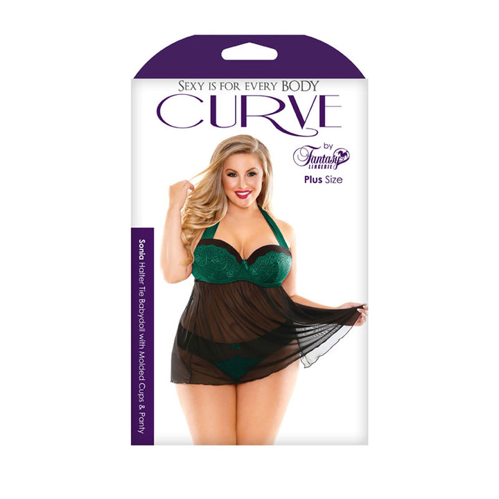 Curve Sonia Halter Tie Babydoll with Moulded Cups & Panty - Green/Black 3X/4X