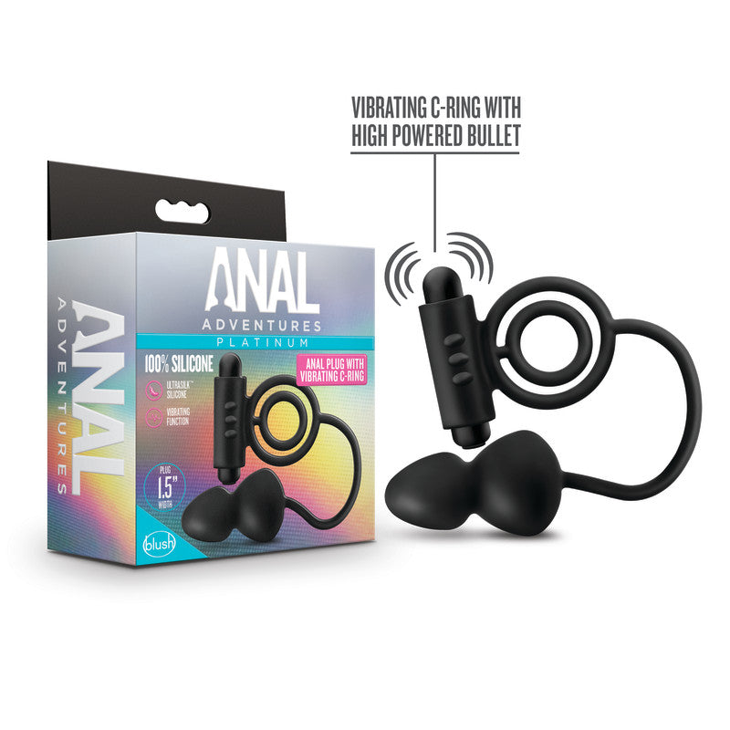Anal Adventures Platinum Black Butt Plug & Vibrating C-Ring