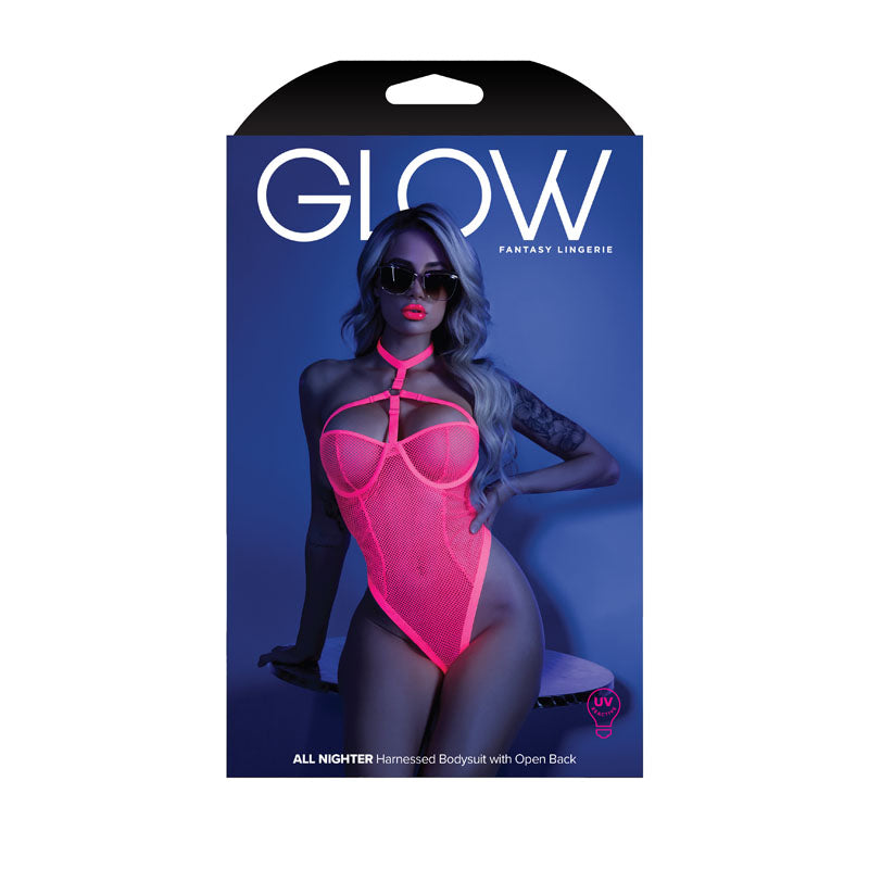Glow All Nighter Harnessed Bodysuit with Open Back - Pink - S/M