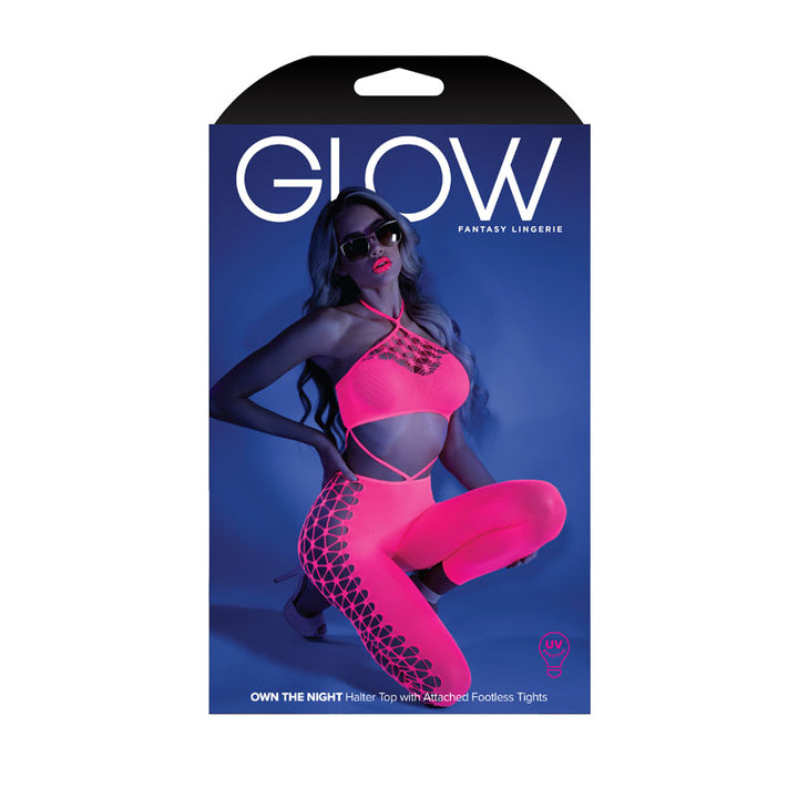 Glow Own The Night Halter Top with Attached Footless Tights - Pink - OS