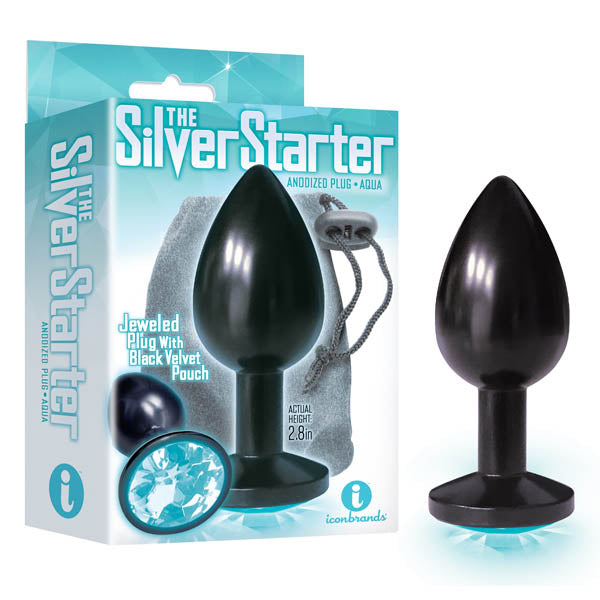 The Silver Starter Anodised Black 2.8 Inch Butt Plug with Aqua Round Jewel