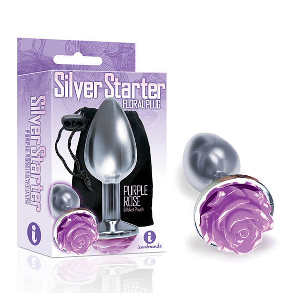 The 9's The Silver Starter Butt Plug with Purple Rose Bottom