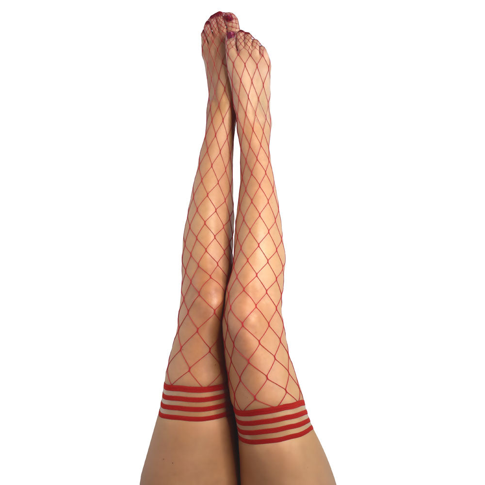 Kixies Claudia Large Diamond Red Fishnet Thigh Highs Stockings - A