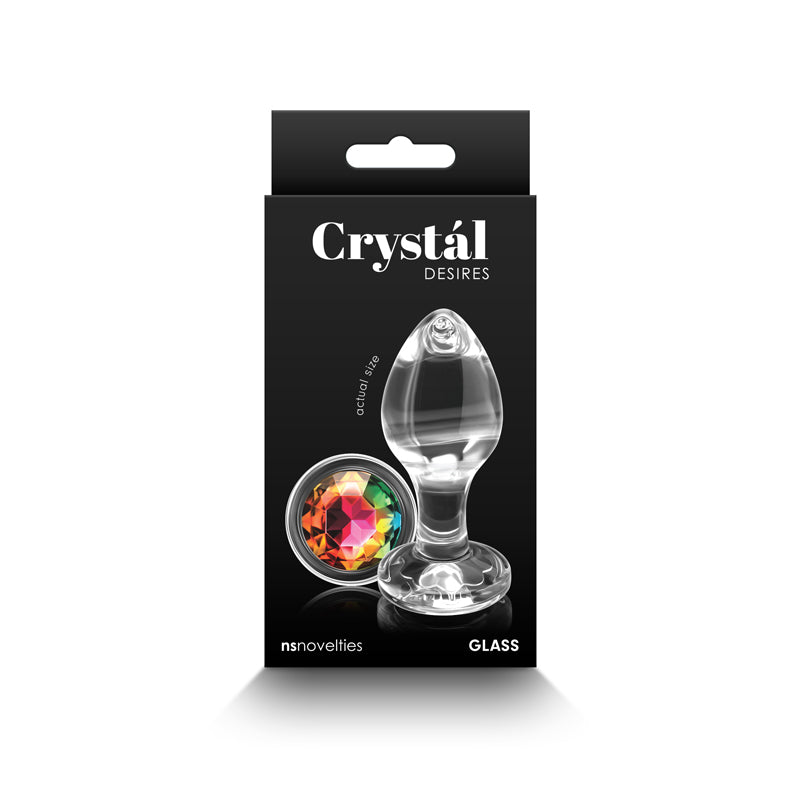 Crystal Desires - Medium - Clear Glass Butt Plug with Rainbow Gem