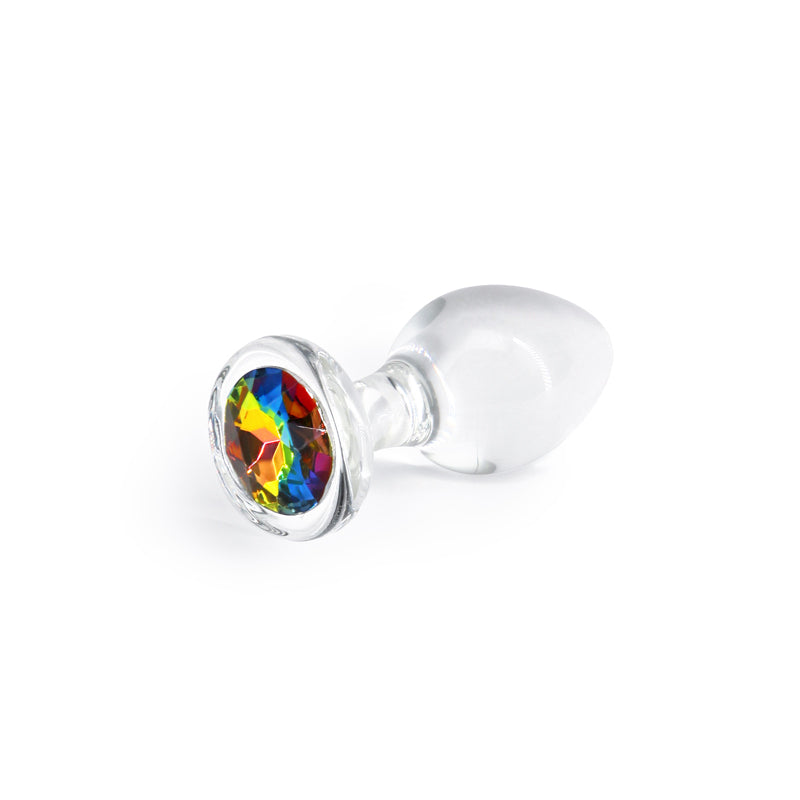 Crystal Desires - Medium - Clear Glass Butt Plug with Rainbow Gem