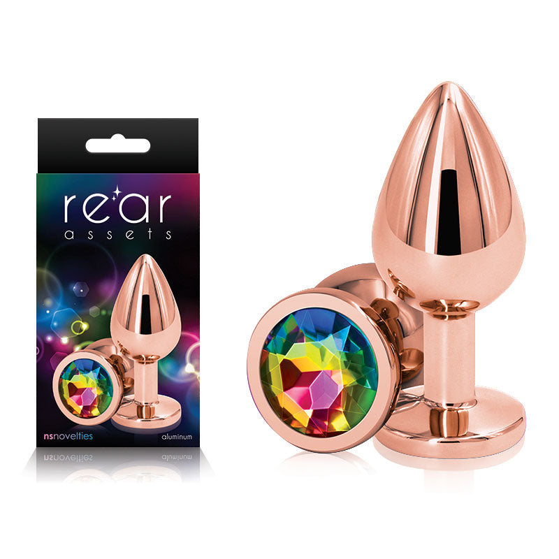 Rear Assets Rose Gold Medium - Metal Butt Plug with Rainbow Gem Base