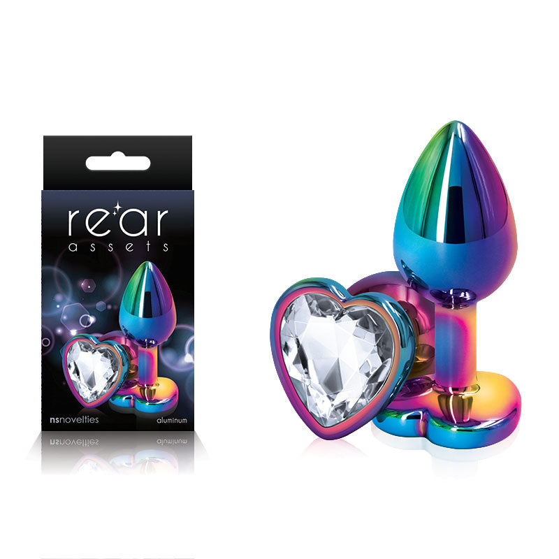 Rear Assets Multi Coloured Small Metal Butt Plug with Clear Heart Gem Base