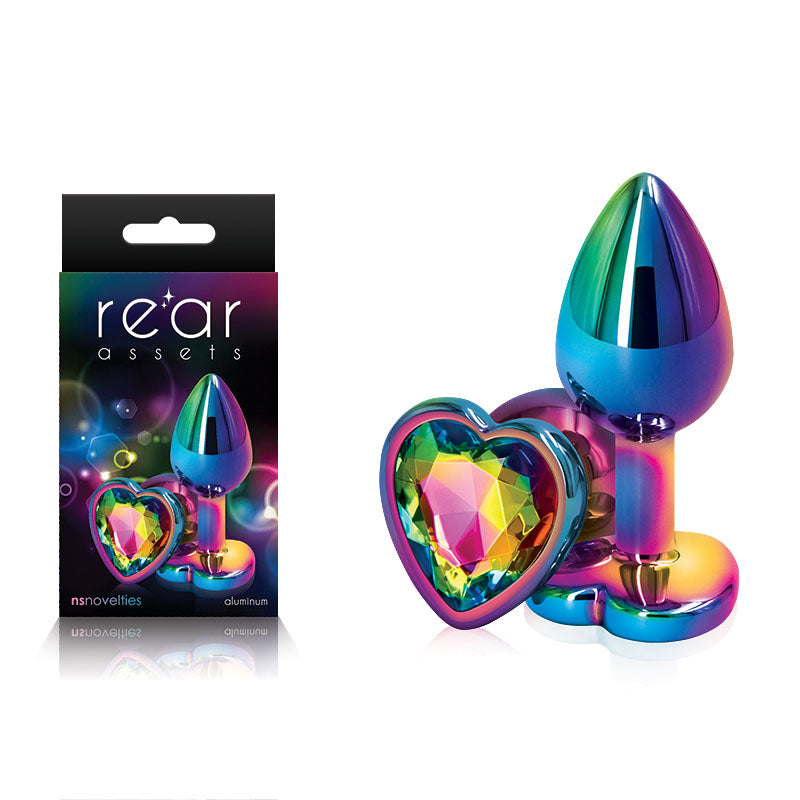 Rear Assets Multi Coloured Heart - Small Metal Butt Plug with Rainbow Heart Gem Base