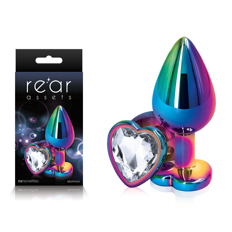 Rear Assets Multi Coloured Heart -Metal Butt Plug with Clear Heart Gem Base