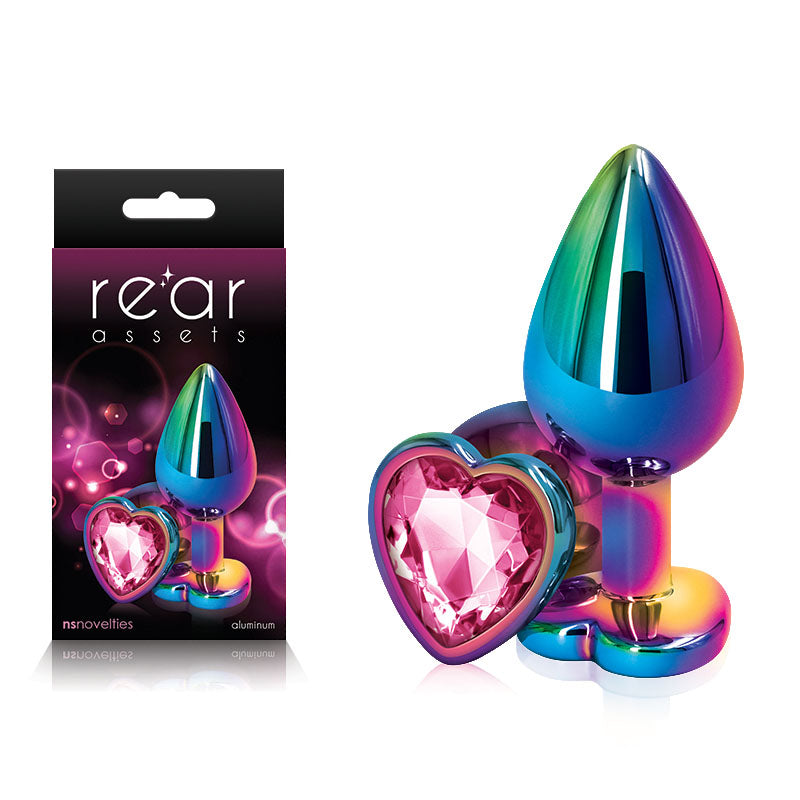 Rear Assets Multi Coloured Heart -Metal Butt Plug with Pink Heart Gem Base