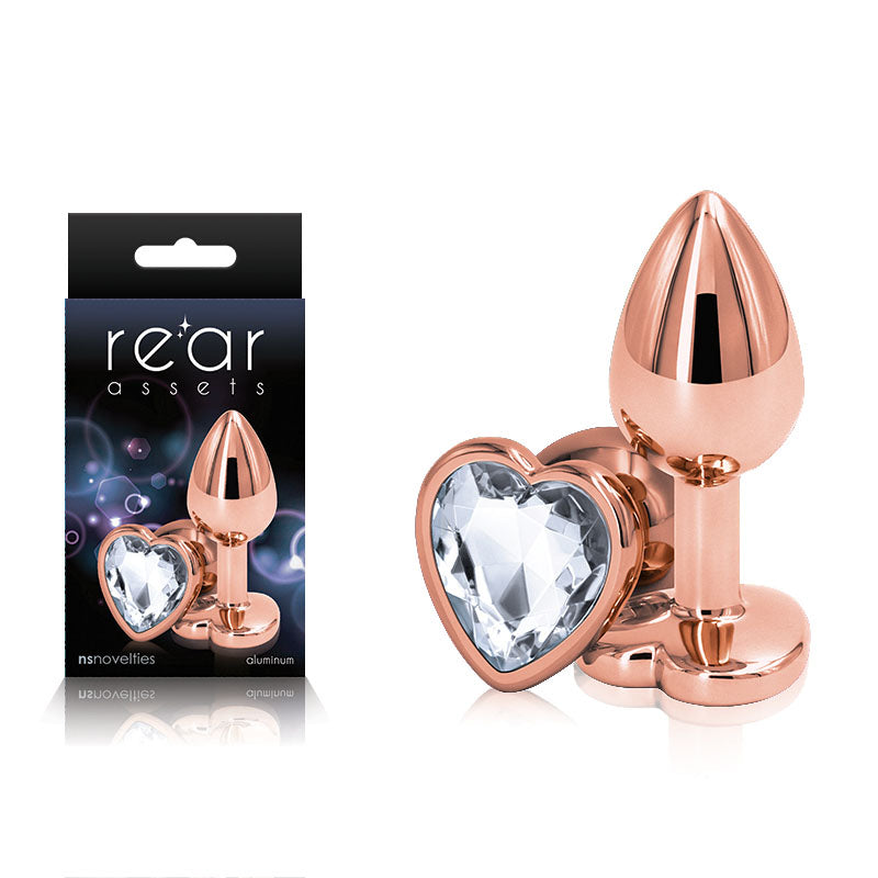 Rear Assets Rose Gold Heart Small -Metal Butt Plug with Clear Heart Gem Base