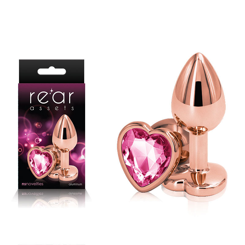Rear Assets Rose Gold Heart Small -Metal Butt Plug with Pink Heart Gem Base
