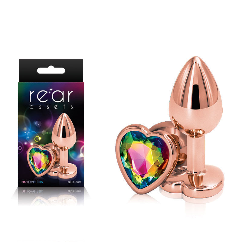 Rear Assets Rose Gold Heart Small -Metal Butt Plug with Rainbow Heart Gem Base