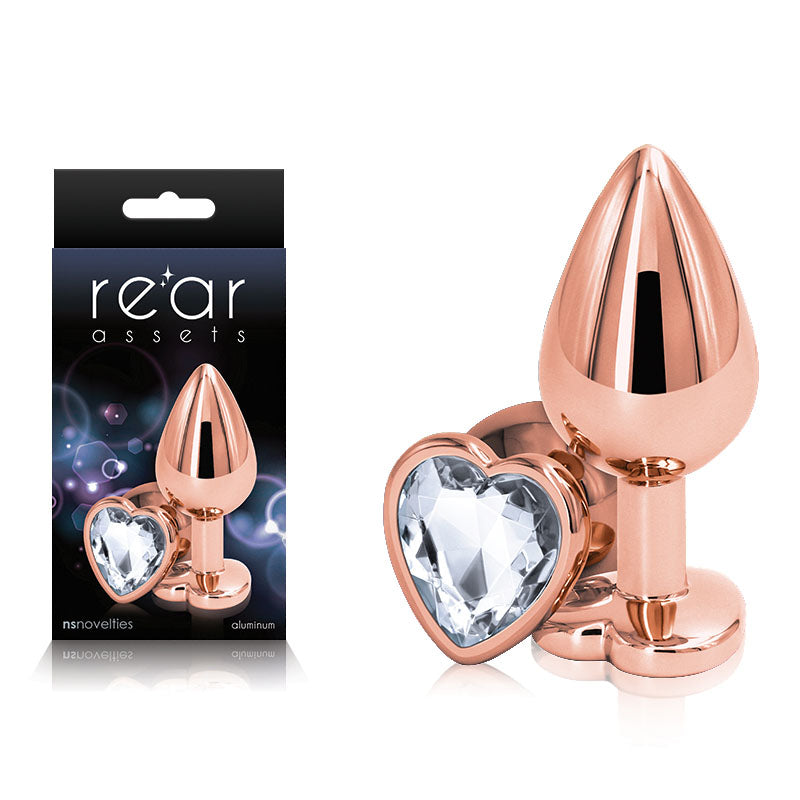Rear Assets Rose Gold Heart Medium -Metal Butt Plug with Clear Heart Gem Base