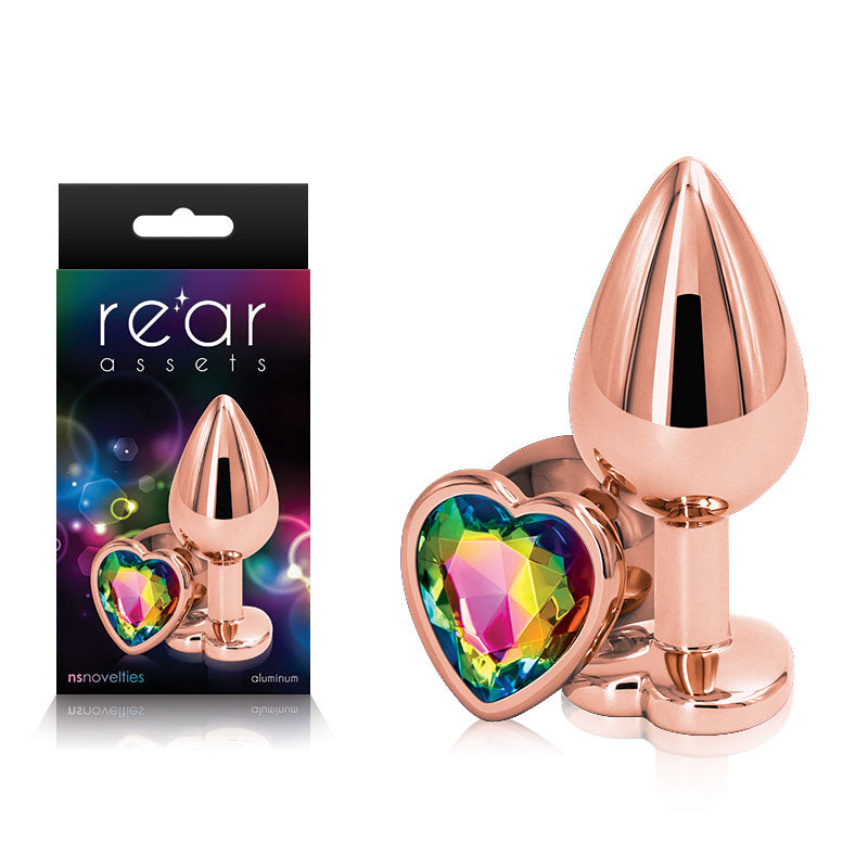 Rear Assets Rose Gold Heart Medium -Metal Butt Plug with Rainbow Heart Gem Base