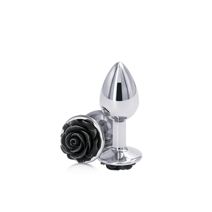 Rear Assets Rose - Small - Chrome 7.6cm Butt Plug with Black Rose Base