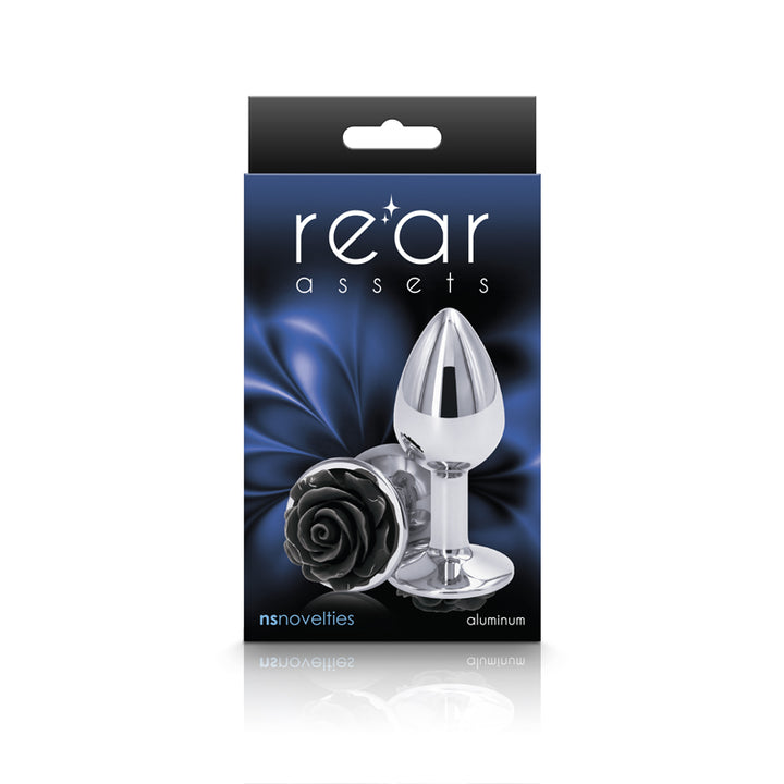 Rear Assets Rose - Small - Chrome 7.6cm Butt Plug with Black Rose Base