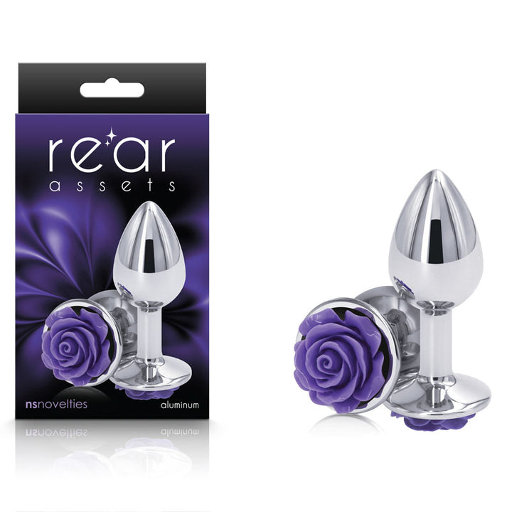 Rear Assets Rose - Small - Chrome 7.6cm Butt Plug with Purple Rose Base